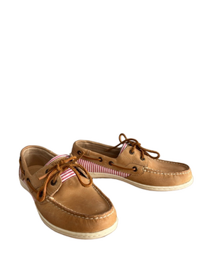 Sperry Tan Leather Boat Shoe with Red and White Stripe Panels size 7.5